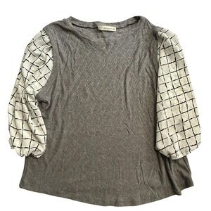 Fair Haven Blouse Womens 2XL‎ Gray Patterned Puff Sleeve Blouse Contrast Top NWT